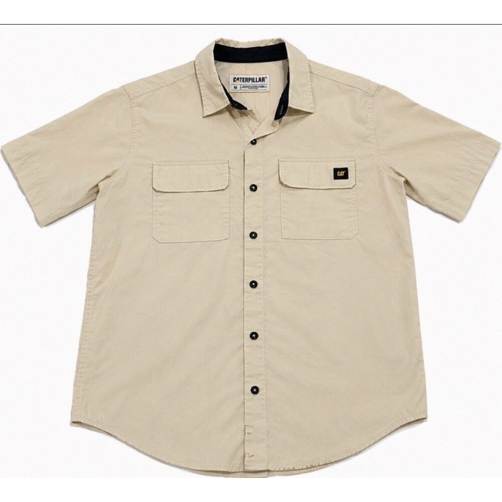 Caterpillar CAT Men’s Medium Beige Short Sleeve Button Front Work Shirt Utility